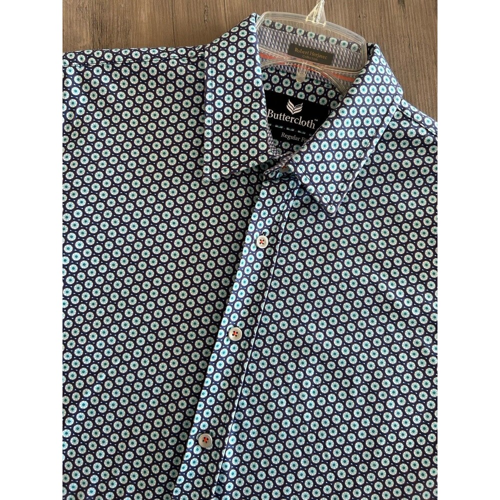 Buttercloth Robert Herjavec Blue Geometric Short Sleeve Button Up Shirt Size M